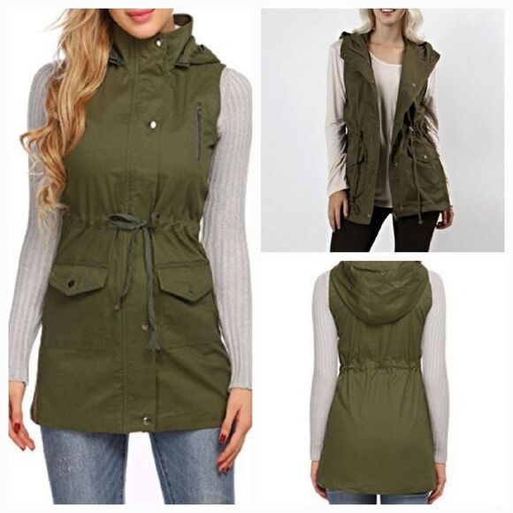 Zenana Outfitters Jackets & Blazers - 💜Zenana Olive Zipper Front Hooded Sleeveless Utility Jacket Large
